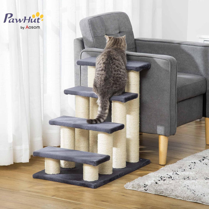 PawHut Tiertreppe Katzentreppe Hundetreppe 4 Stufen Treppe für Katze und Hunde Plüsch Grau 60 x 42 x