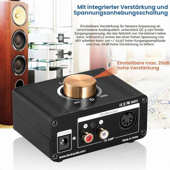 Mini Stereo Line Level Booster Verstärker Audio Preamp für MP3, iPod, iPad, iPhone, 20dB Gain + Laut