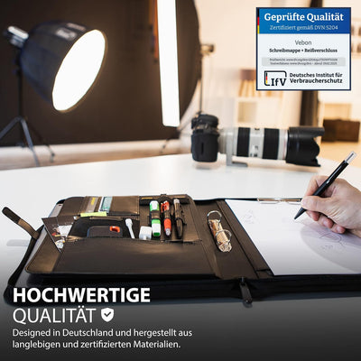 Vebon® Schreibmappe Ringbuch A4"Paris" I Reissverschluss + Klemmbrett I Konferenzmappe + Laptoptasch