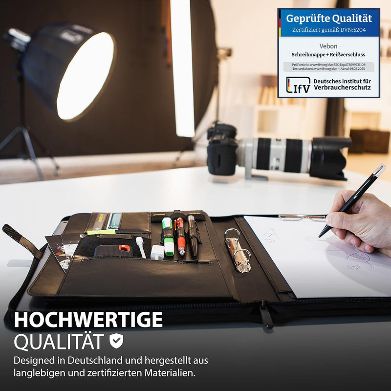 Vebon® Schreibmappe Ringbuch A4"Paris" I Reissverschluss + Klemmbrett I Konferenzmappe + Laptoptasch