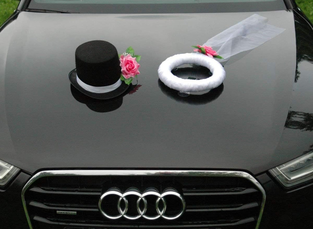 Schleier UND Hut Autoschmuck Rose Car Dekoration Hochzeit Wedding ®Auto-schmuck (Rosa), Rosa