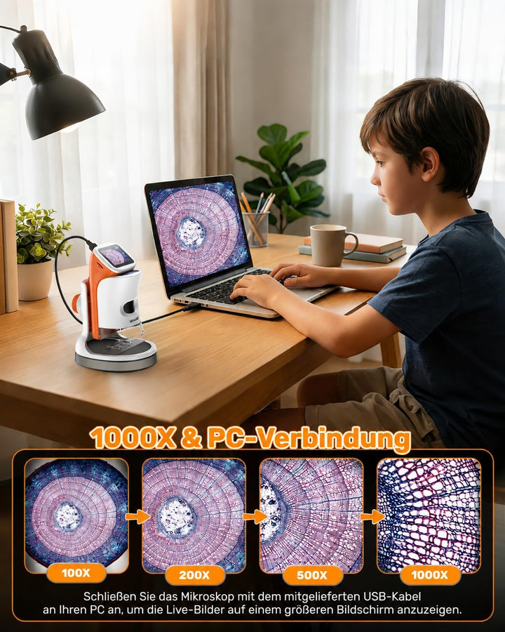 Mikroskop für Kinder mit Stand: Digitales Handmikroskop 100 – 1000 x: LCD-Display 4 K, 2,0 Zoll, USB