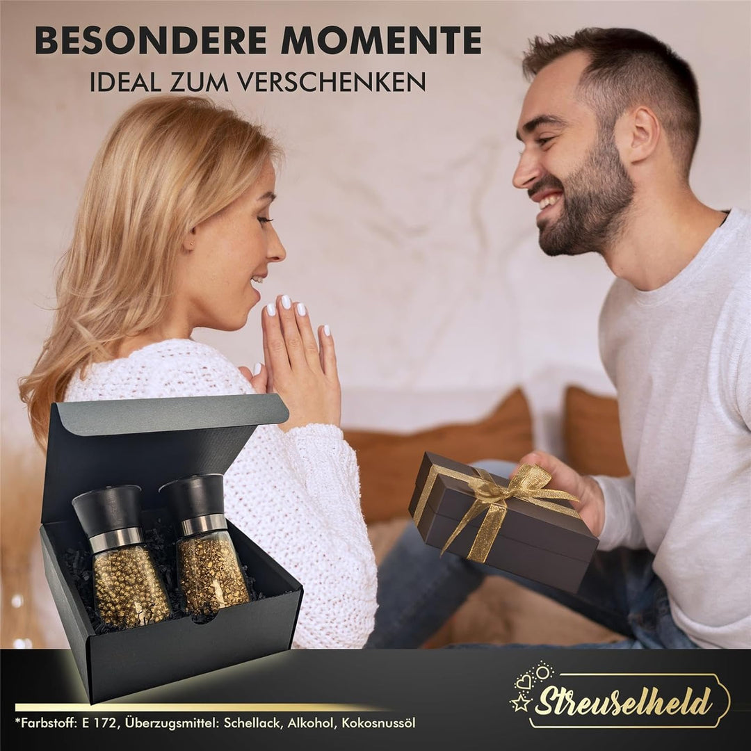 Streuselheld - Salz und Pfeffermühle mit Gold Gewürzen - 2er Geschenk Set mit Geschenkbox - Pfeffer