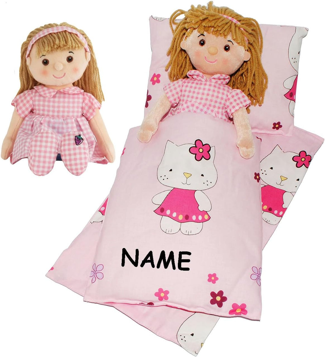 4 TLG. Set: Puppendecke & Kissen - mit Unterlage & Schmusepuppe - Mädchen mit rosa Kleid - aus 100%