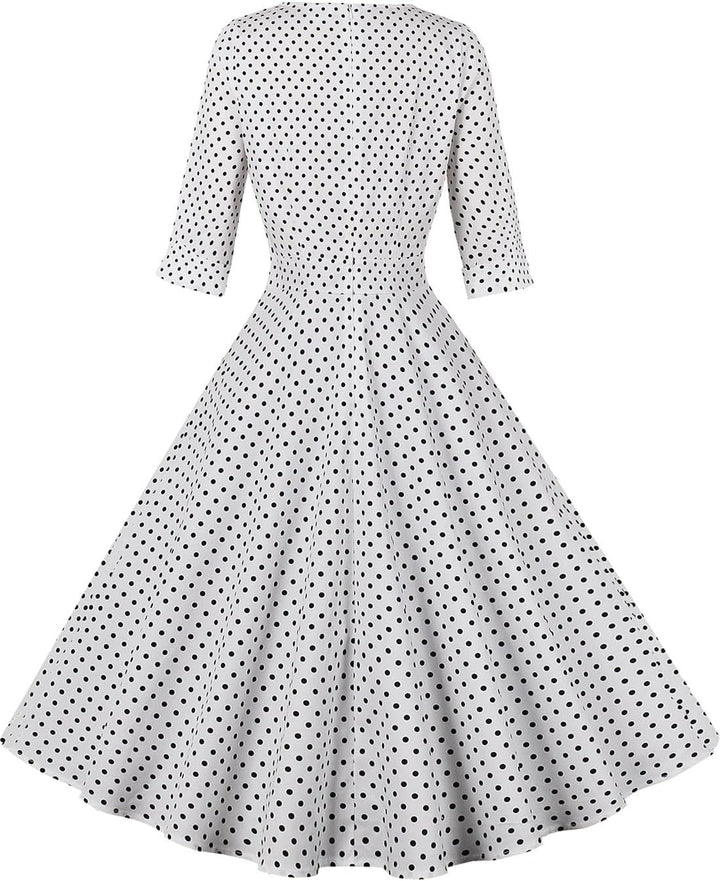 AXOE Damen 60er Jahre Kleid 3/4 Ärmel Cocktailkleid Abendkleid Weiss Polka Dot S, Weiss Polka Dot S