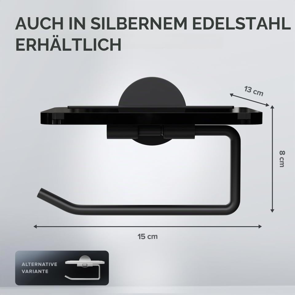 ovimar Toilettenpapierhalter Remoya | Papierrollenhalter mit Glasablage schwarz zum Bohren schwarz |