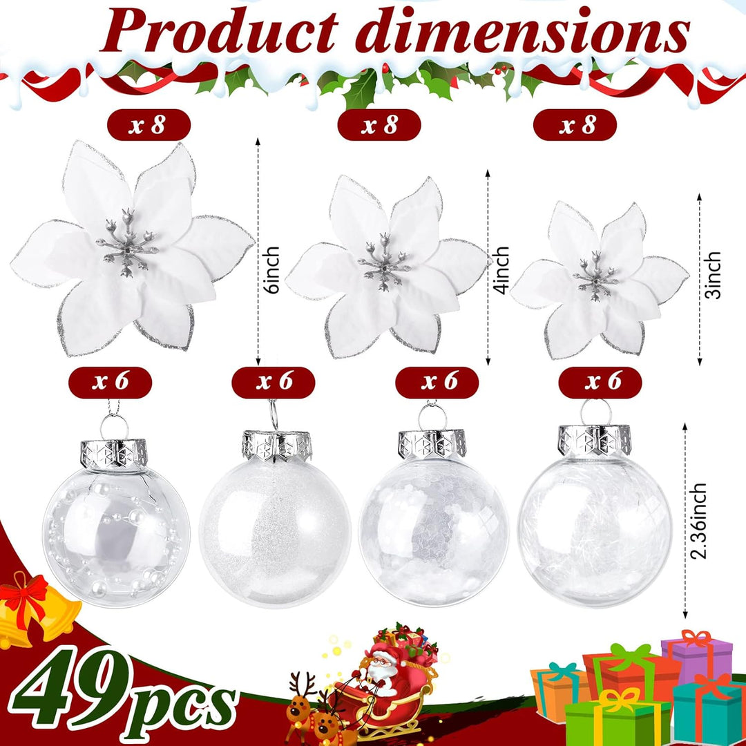 49 Stück Weihnachtsbaum Deko Set mit Weihnachtsbaumspitze 24 Stück Glitzer Weihnachten Blumen in 3 G