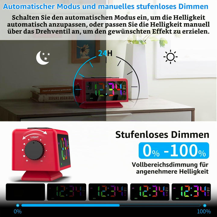 ThreeH RGB Wecker mit Radio 11 Farben Zeitanzeige 12 Stufen Lautstärke &amp; Helligkeit einstellbar Schl