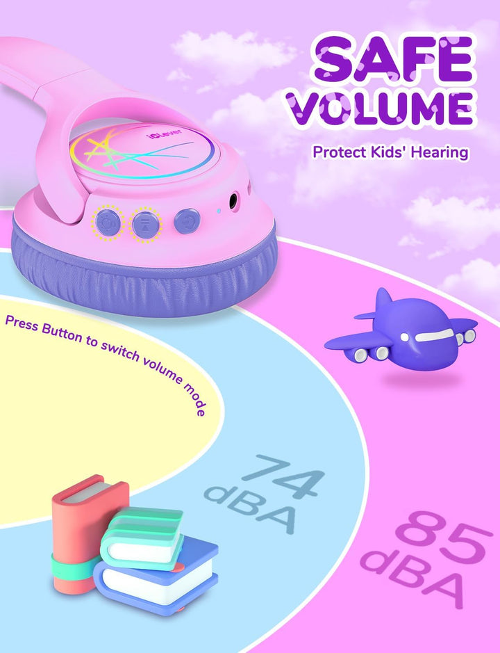 iClever Bluetooth Kopfhörer Kinder mit LED-Leuchten, 74/85dBA Lautstärkebegrenzung, 43 Stunden Spiel