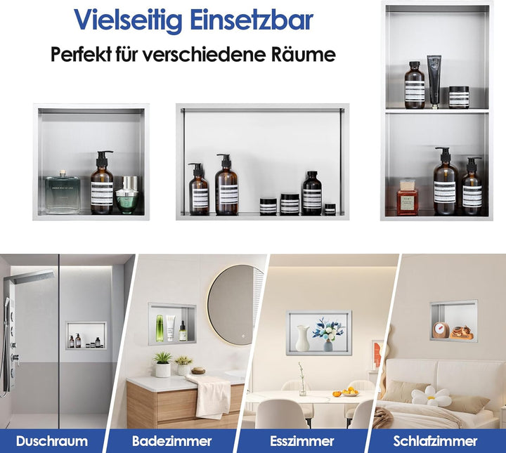 ROVOGO 45 x 30 x 10 cm Wandnische Dusche Edelstahl 304, Eingebettete Duschnische Einzelregal Lagerun