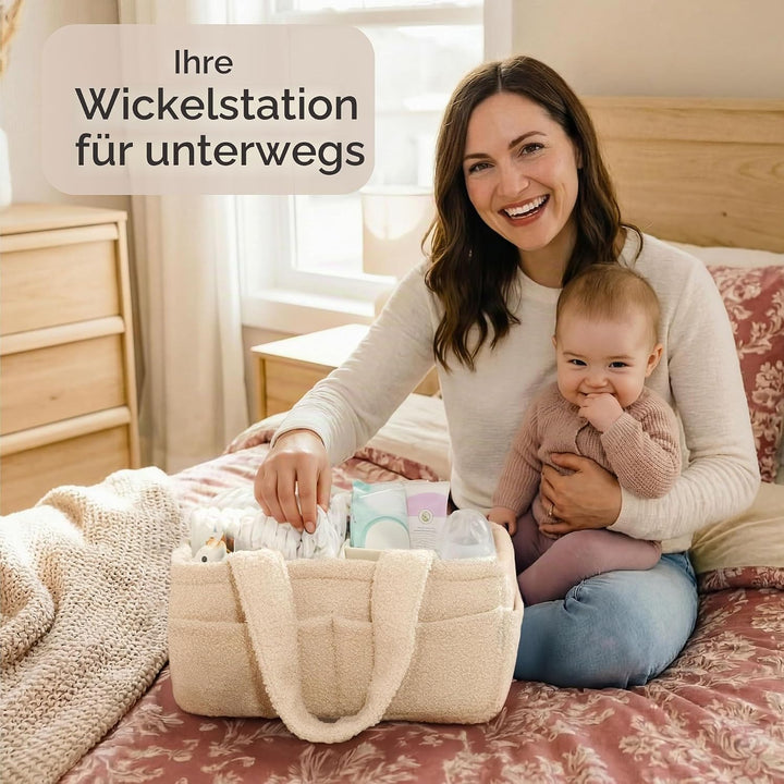 PUTSKA Fleece Nappy Caddy Organiser – Soft Teddy Fabric Baby Caddy with Handles, Portable Nursery St