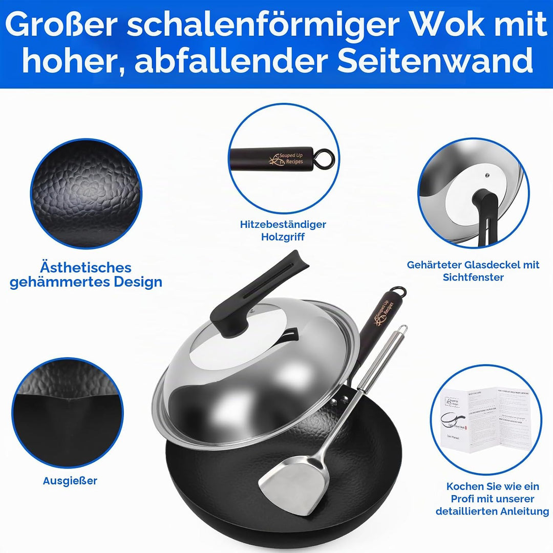 32cm/6L Bratpfanne Wokpfanne Pfannenset Pfanne Chinesische Pfanne aus Karbonstahl für Elektroherden