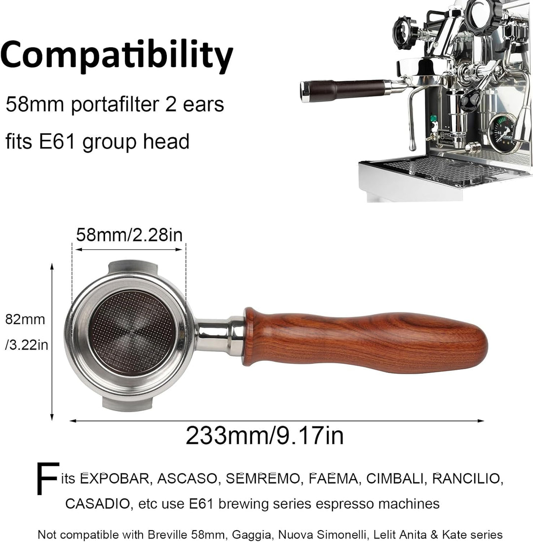 CAPFEI 58 mm bodenloser Siebträger mit 2 Ösen für E61-Brühkopf | Holzgriff