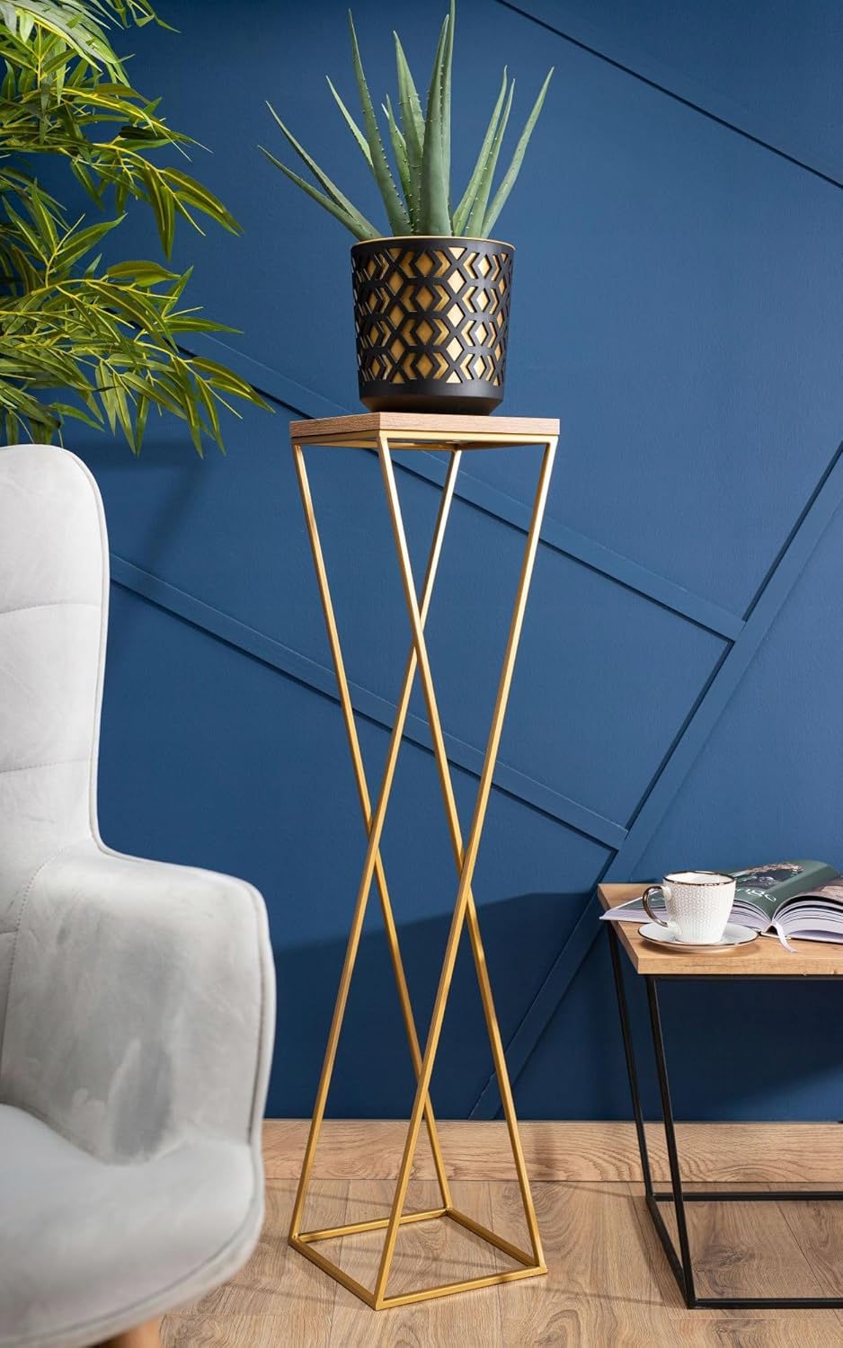 Pflanzenständer Metall 100 cm Hoch - Stabiler und Fester Blumenhocker mit Eiche Optik MDF-Platte auf