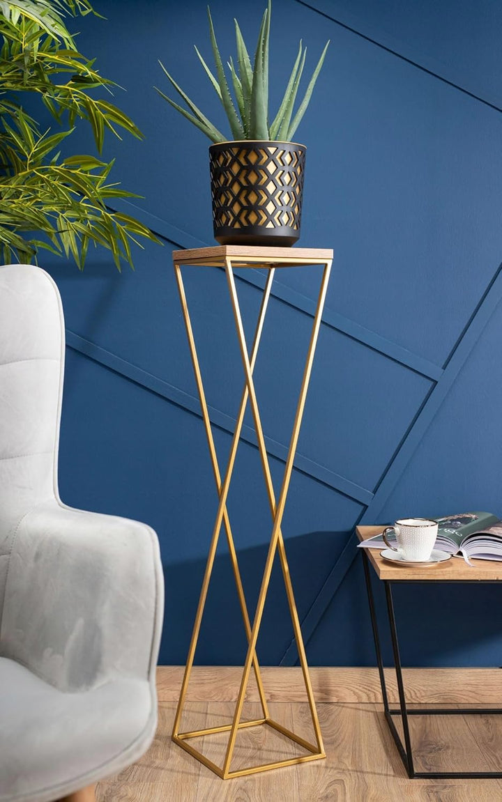 Pflanzenständer Metall 100 cm Hoch - Stabiler und Fester Blumenhocker mit Eiche Optik MDF-Platte auf