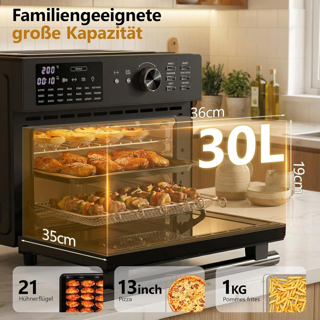 OIMIS Heissluftfritteuse Backofen 30L Mit 21 Programme, Grau Heissluftbackofen xxl mit luftfritteuse