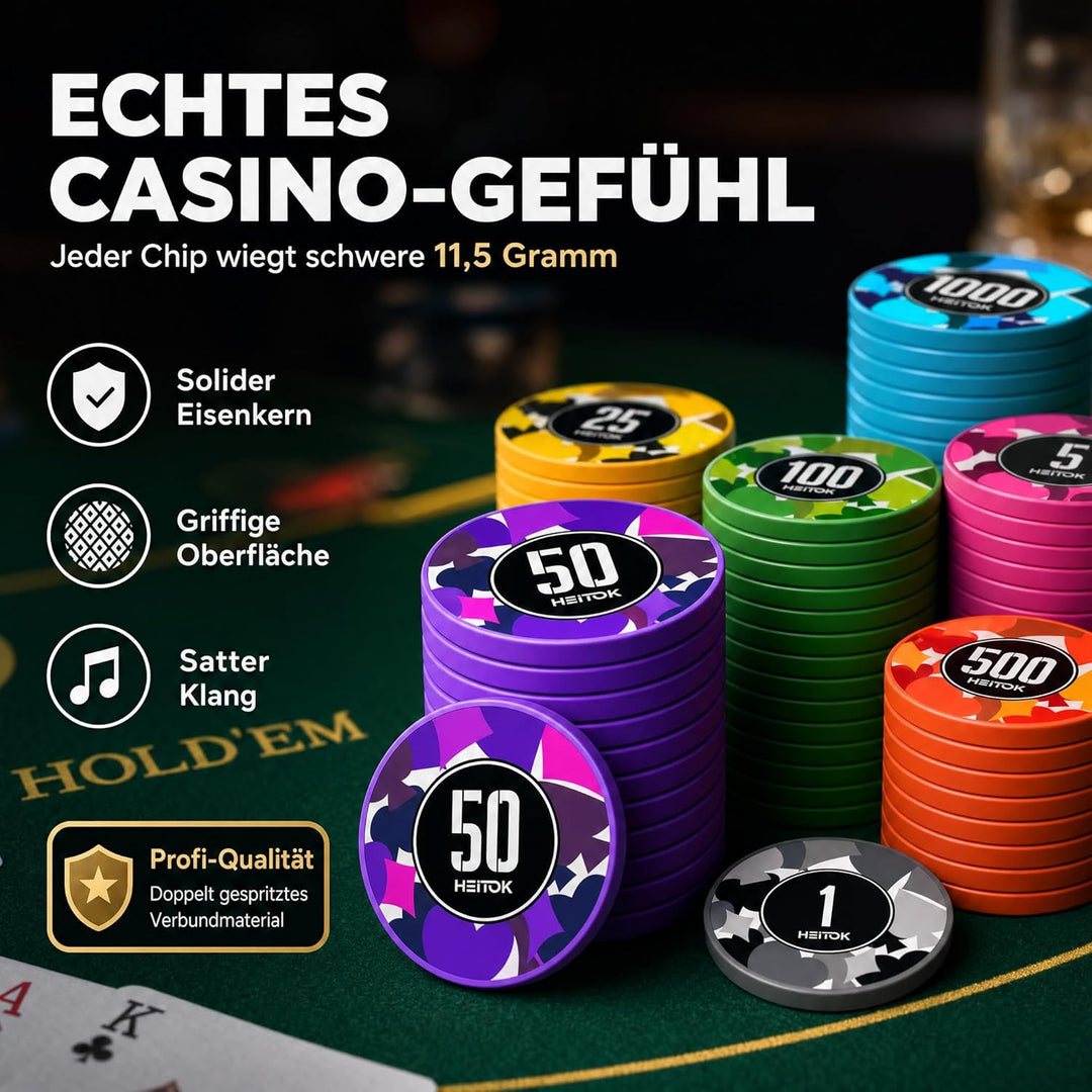 Poker-Chips-Set mit Wertangaben, 300 Stück 11,5g Profi-Chips nummeriert in Alu-Koffer inkl. 5 Würfel