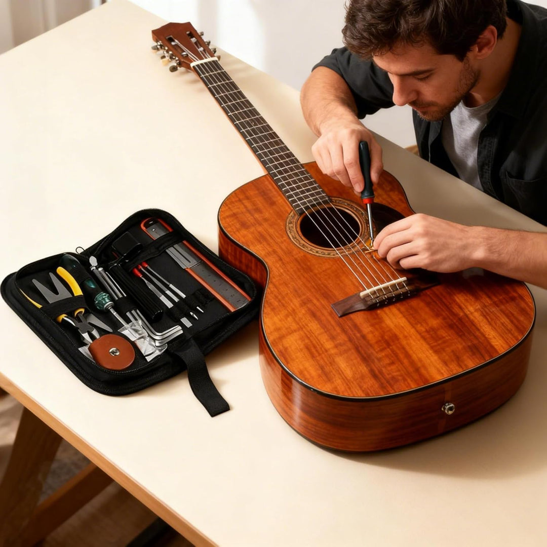 FGXY 28 Stück Gitarren Pflege Set, Gitarren Pflege Wartung Zubehör Set mit Tragbare Tasche Saiten Or