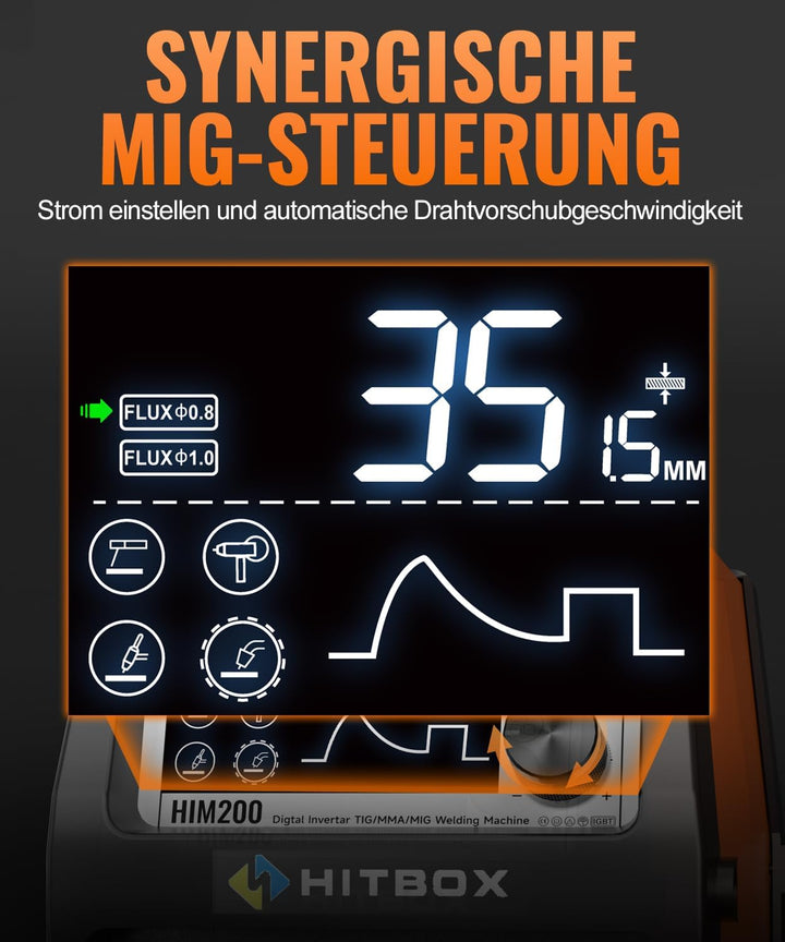 HITBOX Fülldraht Schweissgerät ohne Gas, 200A 230V Fülldraht Schweissgerät 4-in-1 Funktion Gasloses
