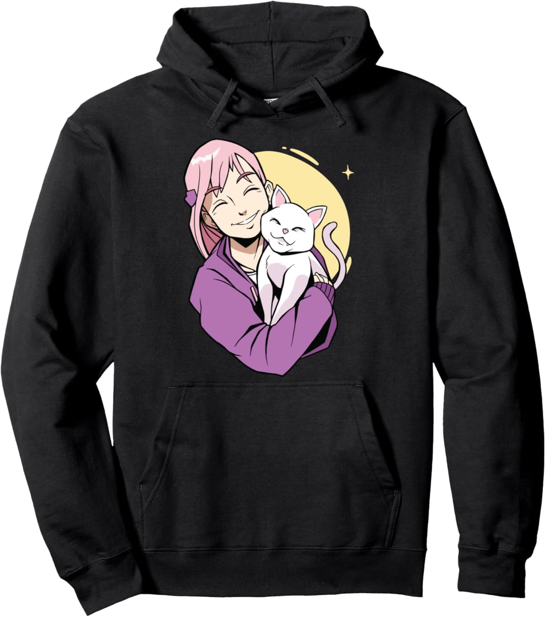 Cute Kawaii Anime Girl and Cat - Japanese Style Illustration Pullover Hoodie