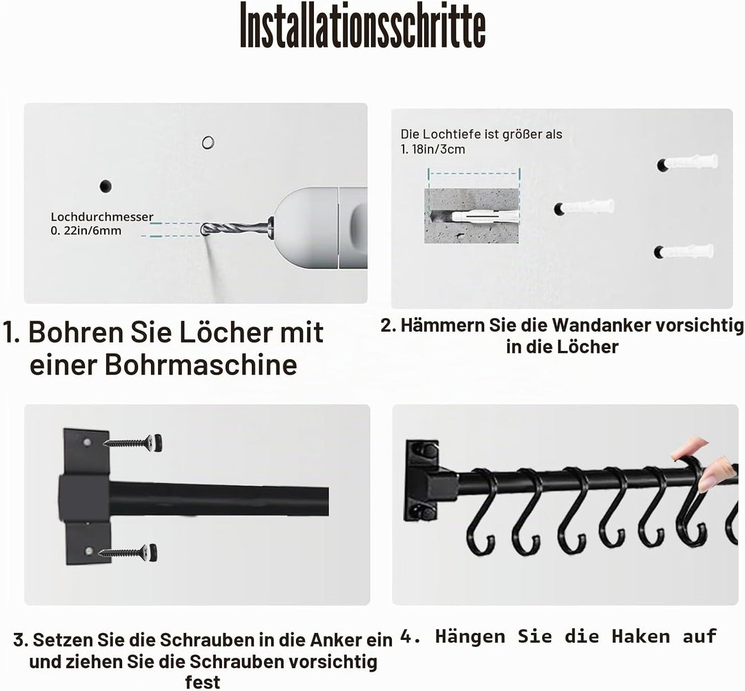 Smallboutique Schwarzer Aluminium-Utensilienhalter, Küchenregal zur Wandmontage, Küchenschienen-Pfan