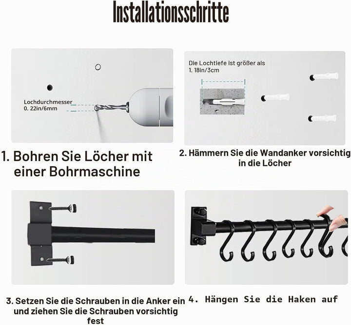 Smallboutique Schwarzer Aluminium-Utensilienhalter, Küchenregal zur Wandmontage, Küchenschienen-Pfan