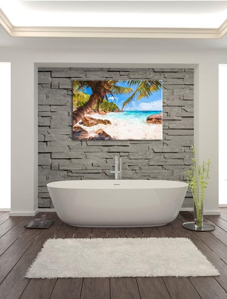 Pixxprint Palmenstrand Seychellen Kunst / 100x70cm Leinwandbild bespannt auf Holzrahmen/Wandbild Kun
