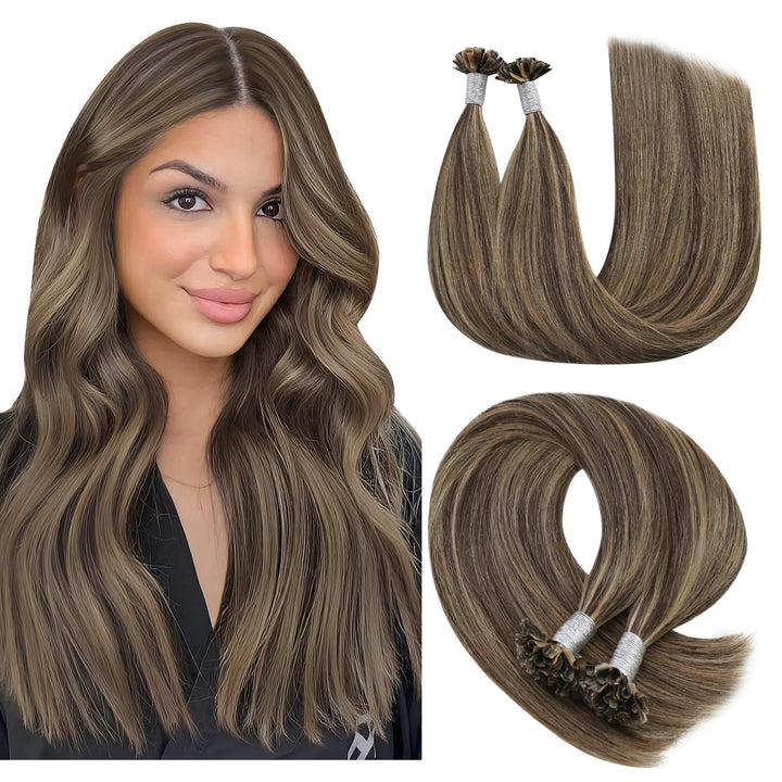 YoungSee Bonding Extensions Echthaar Braun 35cm Extensions Echthaar Bondings Dunkelbraun mit Blond K