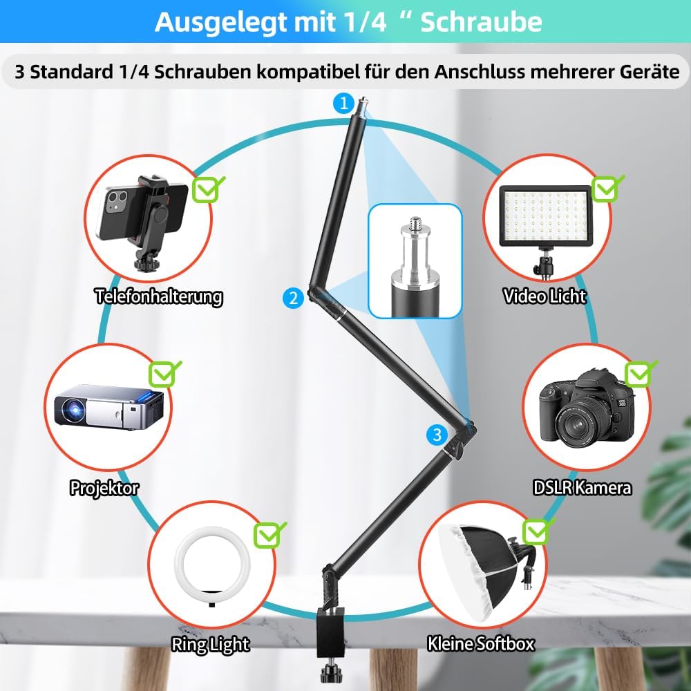 JEBUTU MS05 Overhead Stativ Kamera Tischstativ, 37.5-104.5cm Verstellbar Kamera Tischstativ für Kame