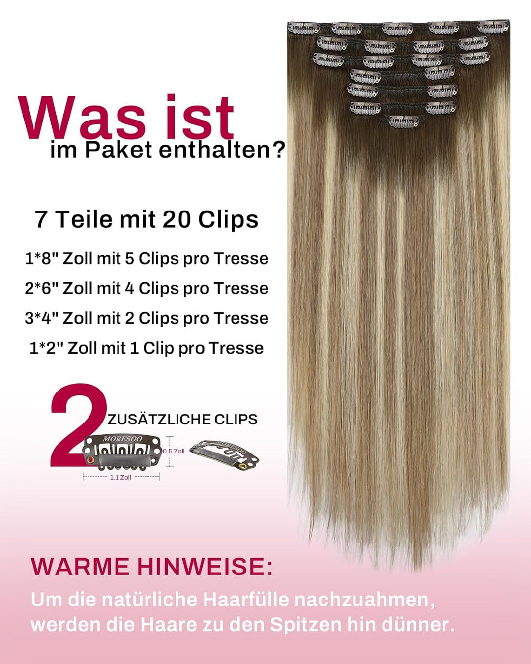 Moresoo Echthaar Extensions Clip Braun Clip in Extensions Echthaar Remy Ombre Haarverlängerung Echth