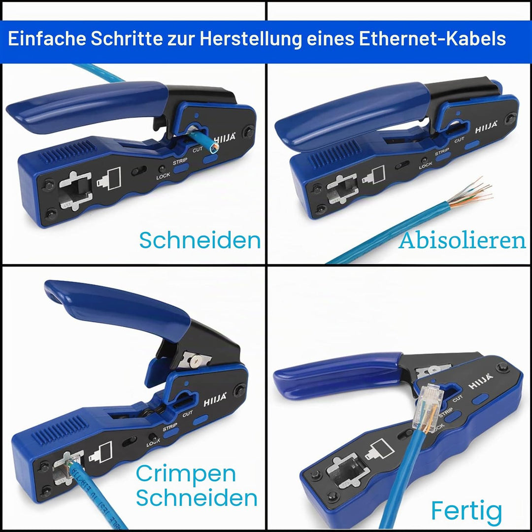 Hiija RJ45 Crimpzange, RJ45 Crimpwerkzeug Durchgang Cat5 Cat5e Cat6 Crimpwerkzeug-Set für RJ45 regul