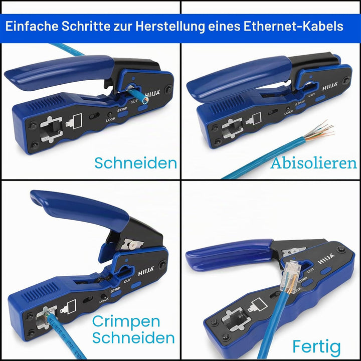 Hiija RJ45 Crimpzange, RJ45 Crimpwerkzeug Durchgang Cat5 Cat5e Cat6 Crimpwerkzeug-Set für RJ45 regul