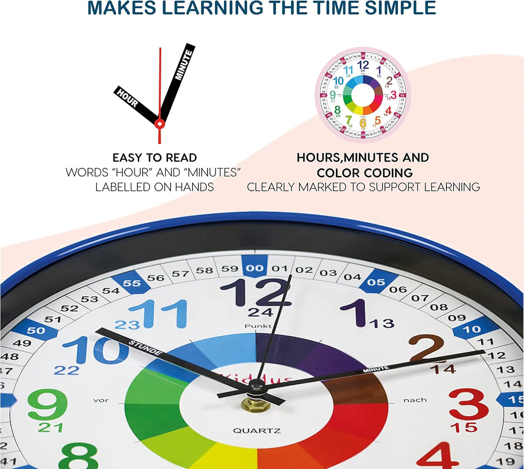 Kiddus Kinder Wanduhr, Jungen und Mädchen, Analoger Lernuhr mit Zeitlernübungen, Kinderwanduhr Ohne