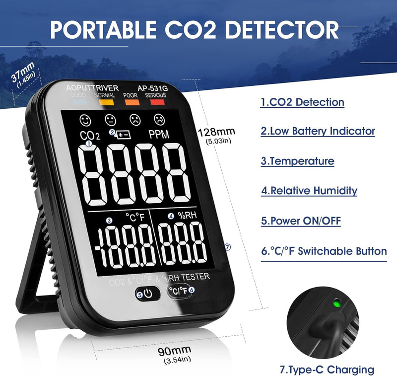 Mini CO2 Detektor, AP-531G Tragbarer CO2-Detektor 3-in-1-Raumluftqualitätsmonitor mit Temperatur- (℃