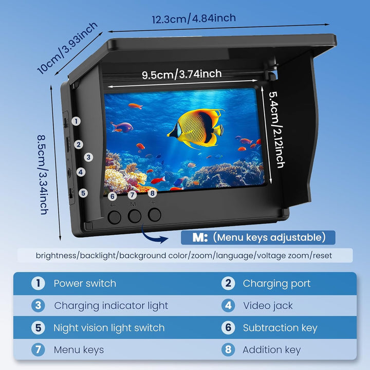 Unterwasserkamera für Angeln, Fishfinder mit 4,3" IPS-Bildschirm & 30m Kabel, Nachtsicht-Infrarot, W