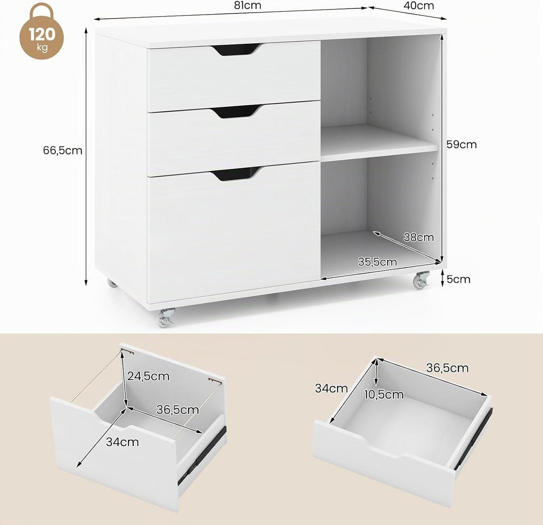COSTWAY Rollcontainer mit 3 Schubladen, Aktenschrank mit Rollen und offenen Fächern, Druckerständer,