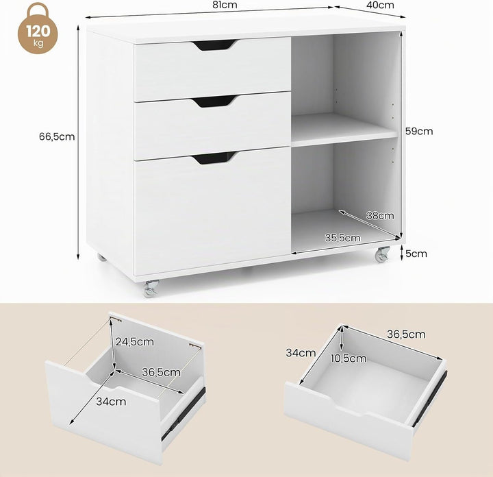 COSTWAY Rollcontainer mit 3 Schubladen, Aktenschrank mit Rollen und offenen Fächern, Druckerständer,