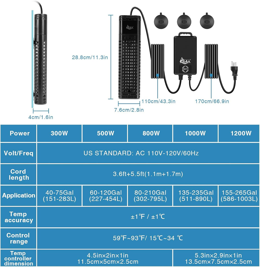 AQQA Aquarium Heizung, 300W/500W/800W/1000W/1200W Tauchheizung für Aquarien mit LED-Digitalanzeige &