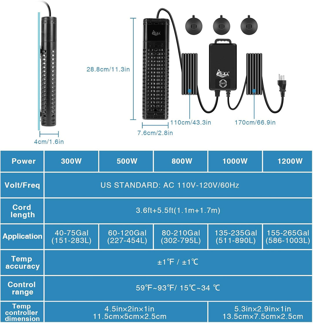 AQQA Aquarium Heizung, 300W/500W/800W/1000W/1200W Tauchheizung für Aquarien mit LED-Digitalanzeige &