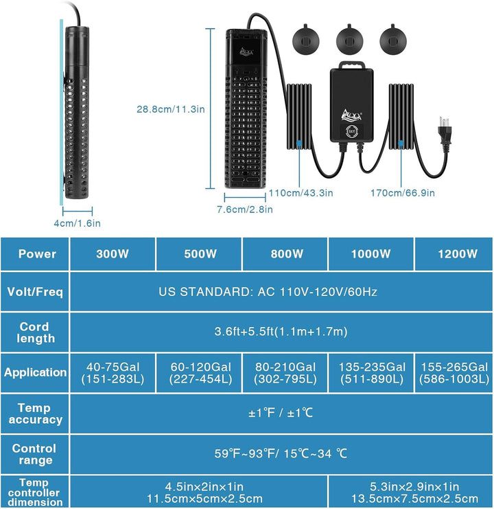 AQQA Aquarium Heizung, 300W/500W/800W/1000W/1200W Tauchheizung für Aquarien mit LED-Digitalanzeige &