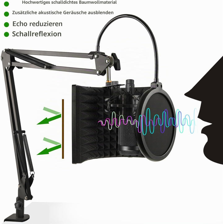 Mikrofon Isolation Schallschutz mit Mikrofonständer &amp; Pop-Filter,Faltbarer Mikrofon Schallschutz für