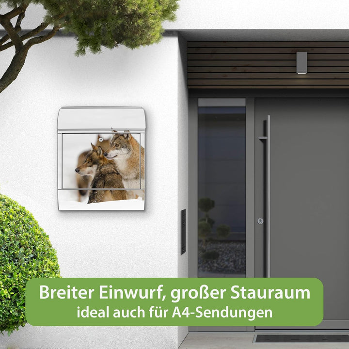 banjado® Design Briefkasten mit Motiv Wölfe 39x47x14cm &amp; 2 Schlüssel - Briefkasten Stahl Silber mit