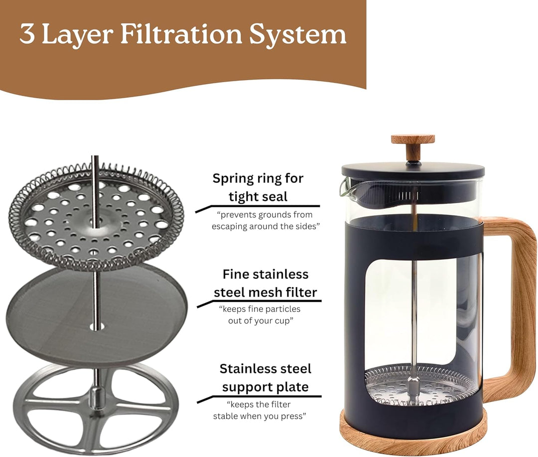 Generisch French Press Kaffeebereiter, 1 L, mattschwarz, Holzoptik-Griff, hitzebeständiges Glas, Ede