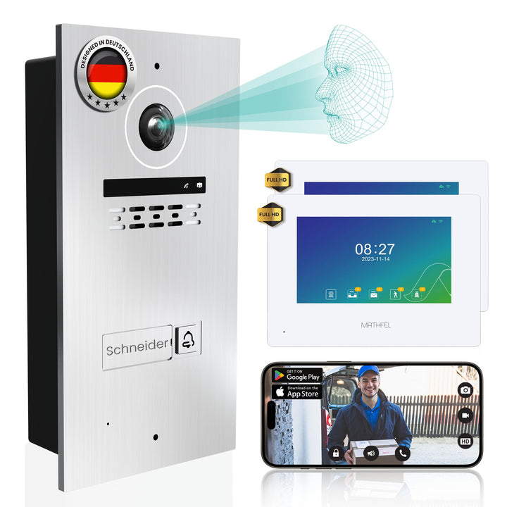 Mathfel 2-Draht Video Türsprechanlage mit Gesichtserkennung – WLAN Monitor, 2MP HD Kamera, 170° Weit