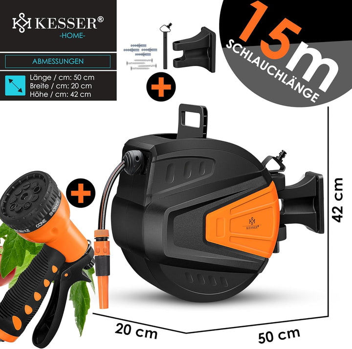 KESSER® Schlauchtrommel Wasser 15+2m Schlauchaufroller Inkl. 2-Wege-Verteiler + Multi-Handbrause Was