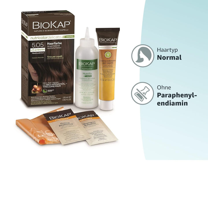 BIOKAP RAPID Permanente Haarfarbe 5.05 Haselnussbraun | NUR 10 MINUTEN EINWIRKZEIT | Bio Arganöl - T