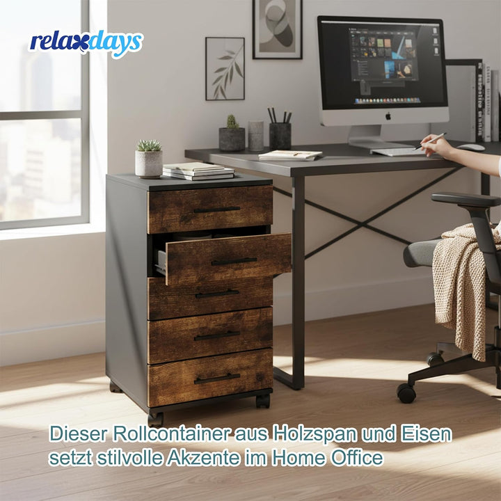 Relaxdays Rollcontainer, 5 Schubladen, HxBxT: 69 x 40 x 40 cm, Aktenschrank auf Rollen, Bürocontaine