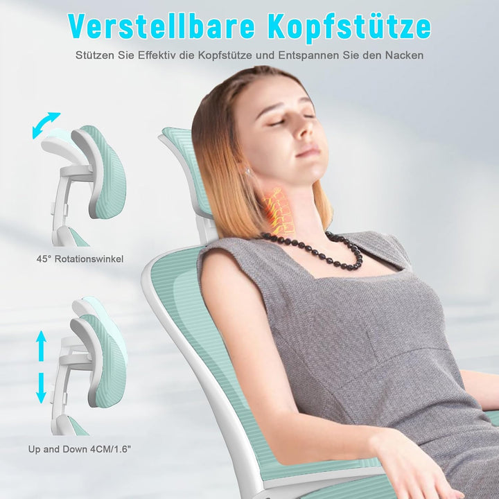rattantree Ergonomischer Bürostuhl, Schreibtischstuhl mit Verstellbarer Kopfstütze, Armlehnen und Le