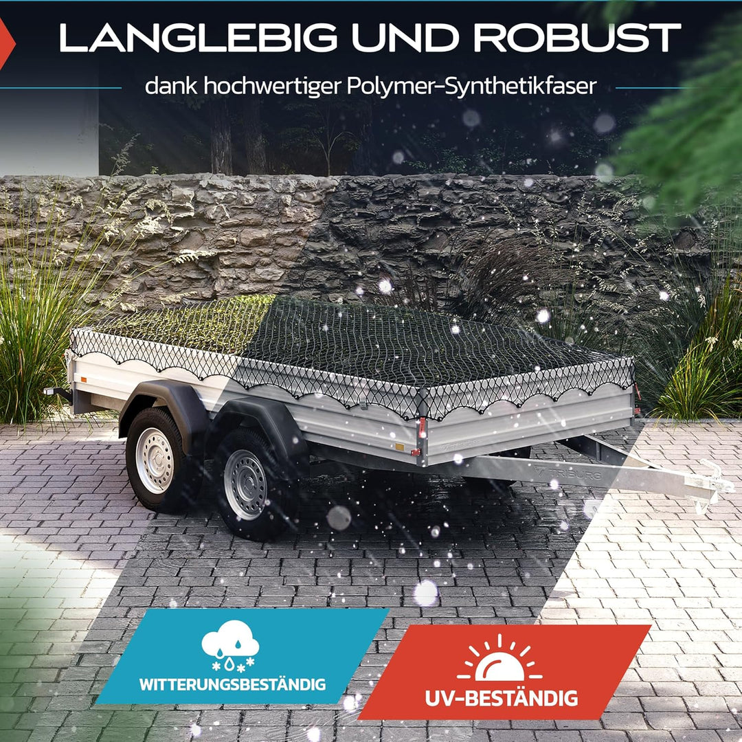TRIBURG Anhängernetz Dehnbar 2x3 m bis 3x4 m | Elastisches Anhänger Netz mit Eckmarkierungen und Gum