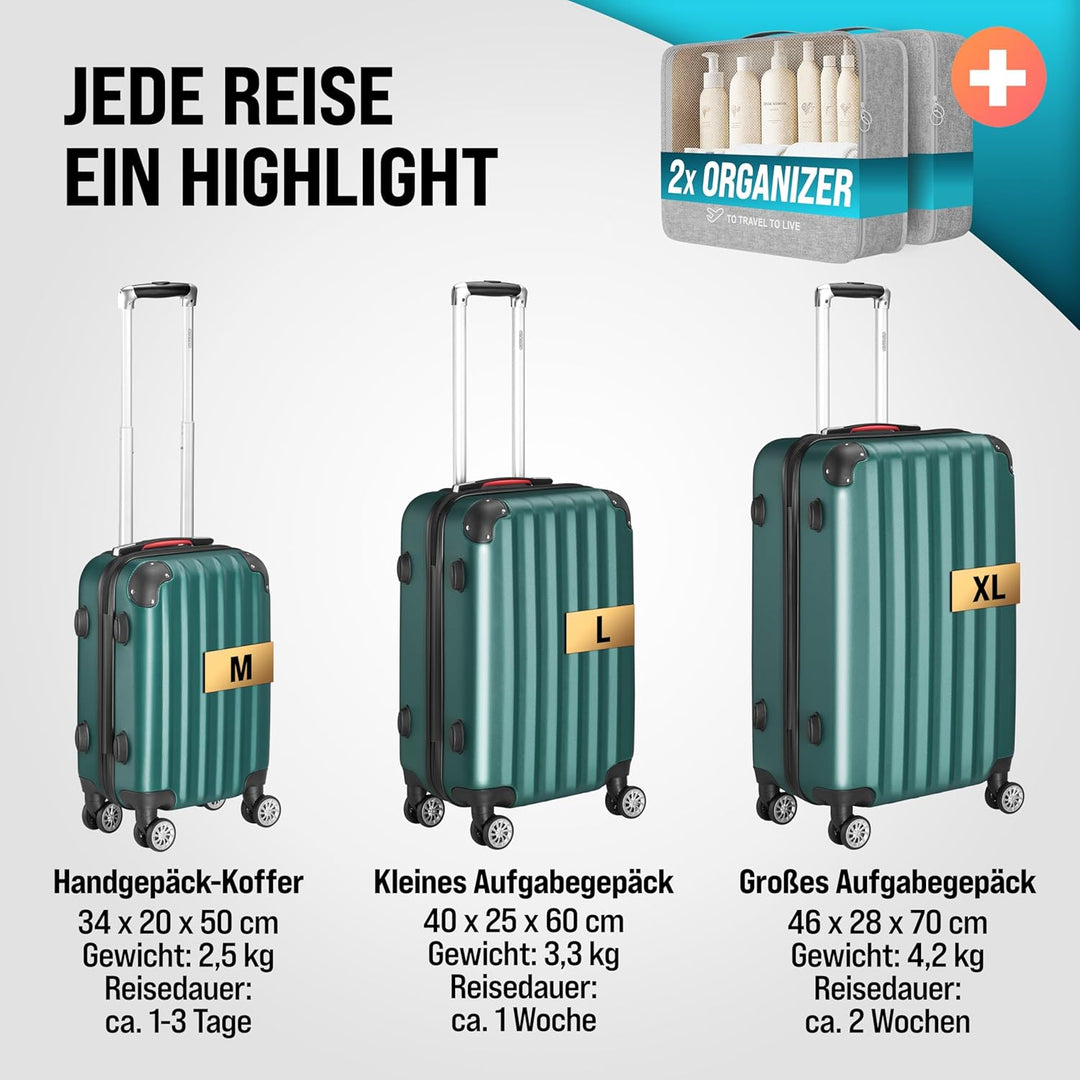 MONZANA® 3tlg. Kofferset, Grün - M-L-XL - inkl. Schloss, Organizer & Kofferwaage - Gurt Gel-Griffe,
